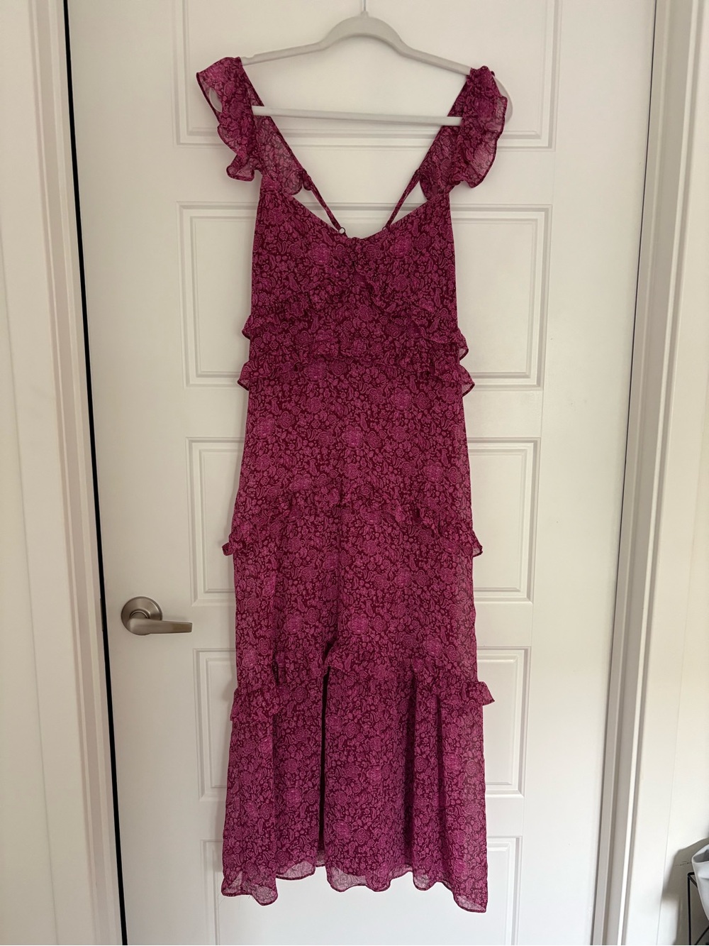 Ruffled Pink Floral Midi Dress with Tiered Skirt